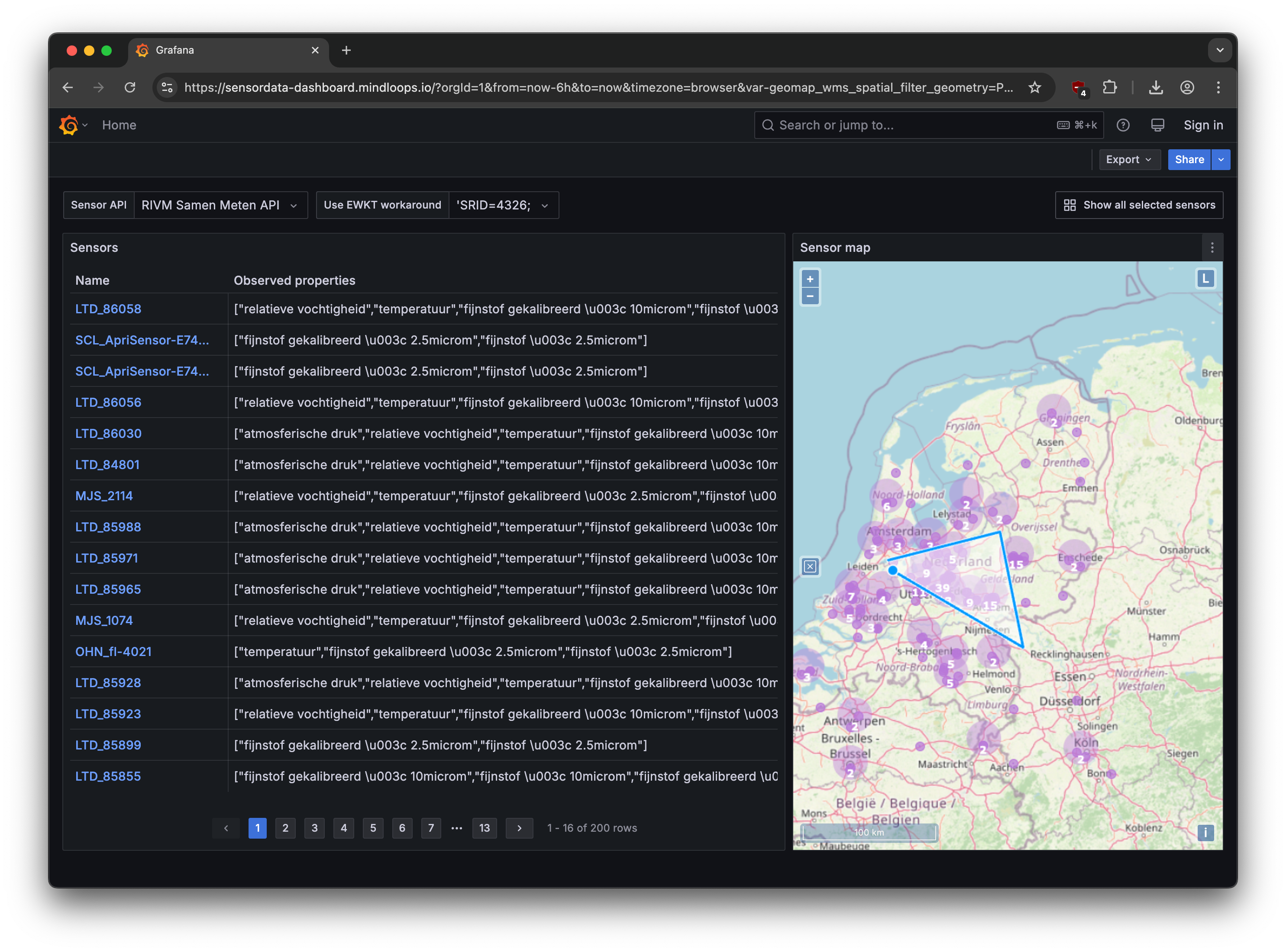 Select an area on the map and list sensor data