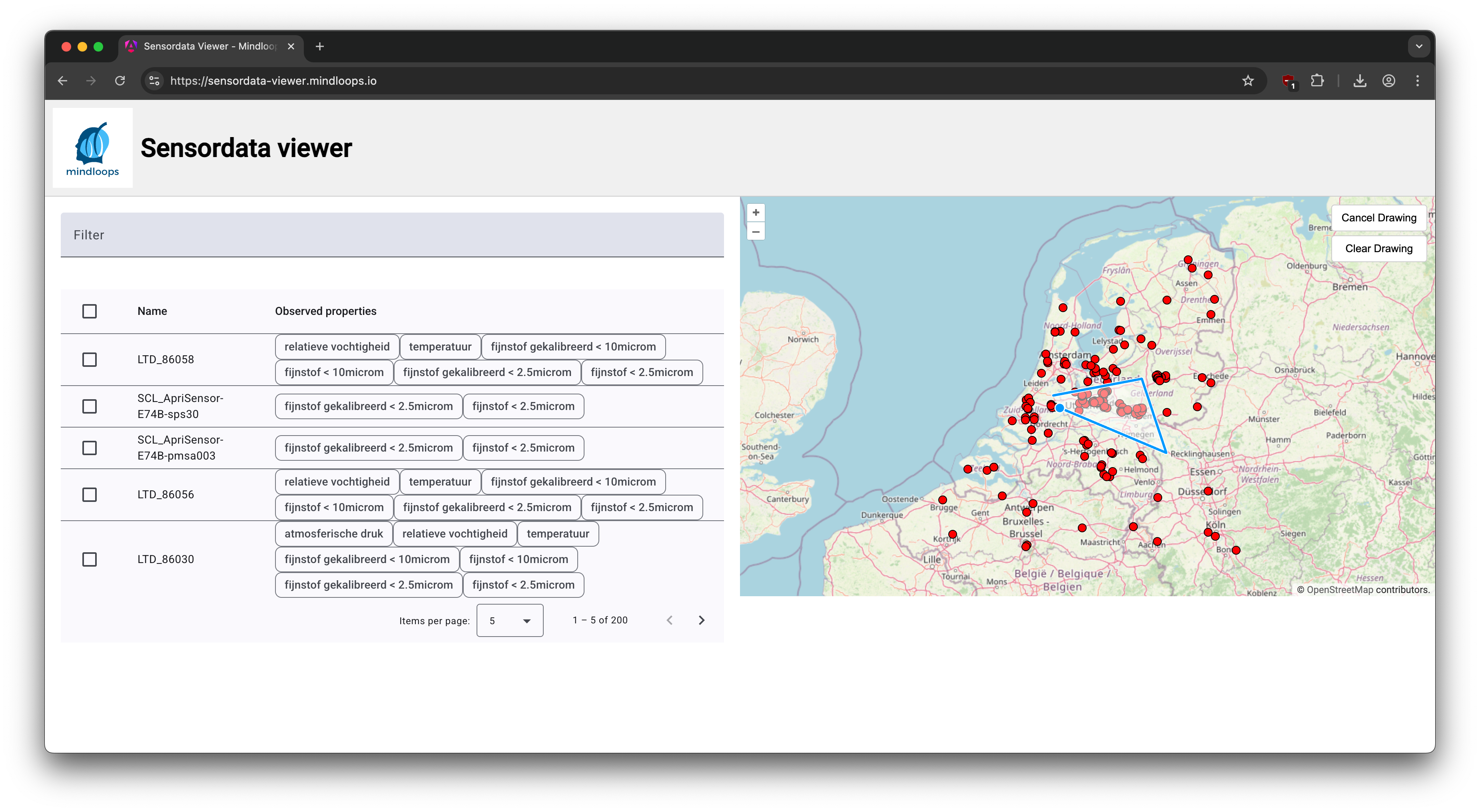 webviewer Select an area on the map and list sensor data